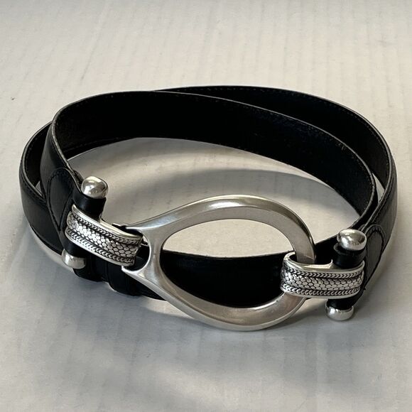 Womens Belt Size M/L Black Leather Silver Tone Hook & Oval Loop 90s Y2K main image 15